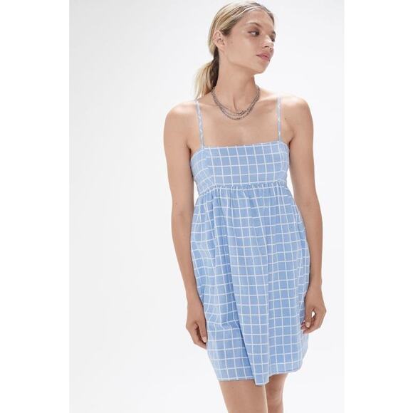 Urban Outfitters Rochelle Blue Windowpane Babydoll Sleeveless Mini Dress M - Picture 1 of 8